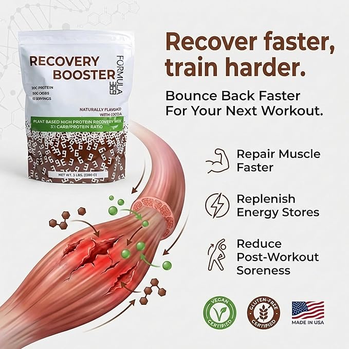 Recovery Booster – Vegan High Protein Recovery Mix – Post-Exercise Shake with 20g Protein &amp 60g Carbs – 3:1 Carb-to-Protein Ratio – 3 lb – Gluten &amp Allergen Free – Cocoa Flavor