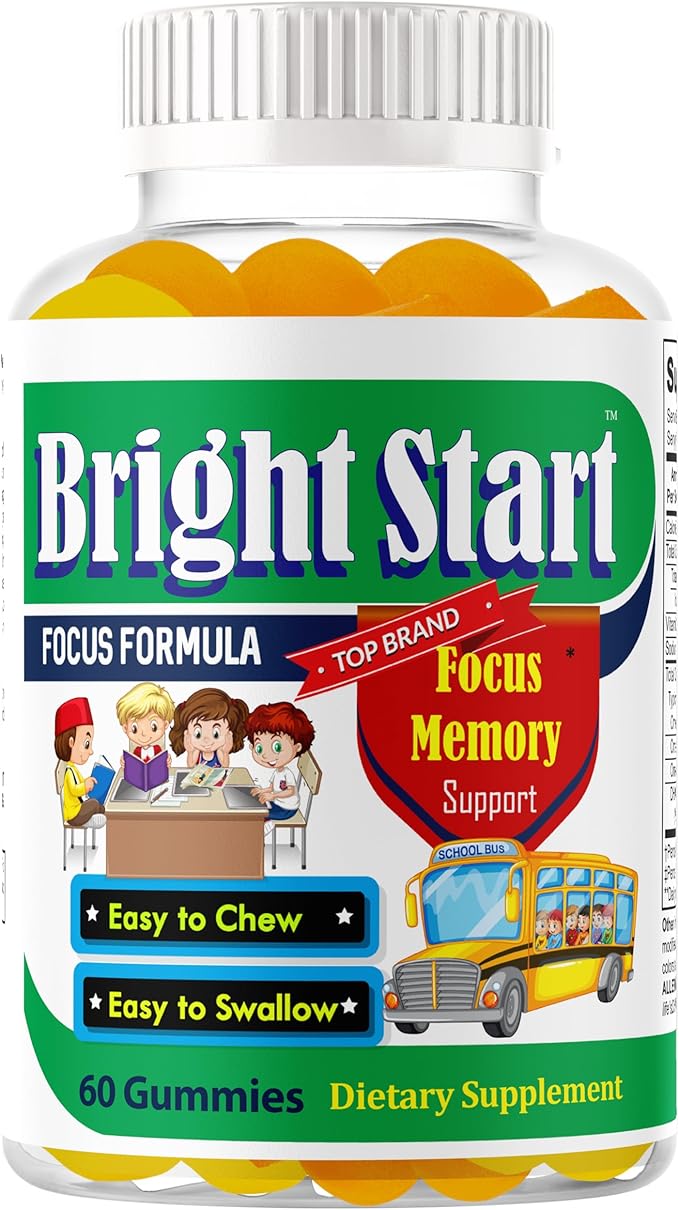 BrightStart Focus Gummies for Kids with Omega 3 EPA DHA – Brain Vitamins Supports Focus Memory &amp Attention for Children &amp Teens | Non-GMO Chewable Supplement 60 Gummies