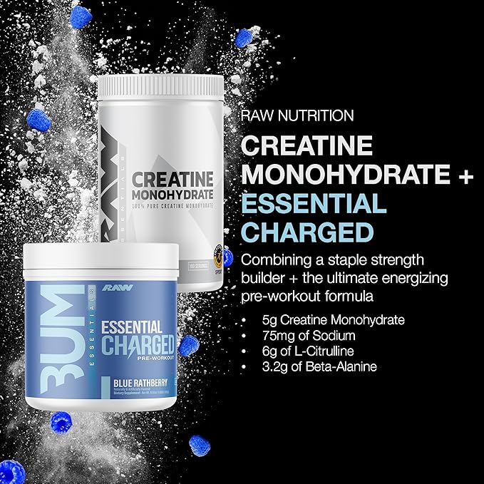 RAW Nutrition Creatine Monohydrate &amp Blue Rathberry Pre-Workout Powder Bundle