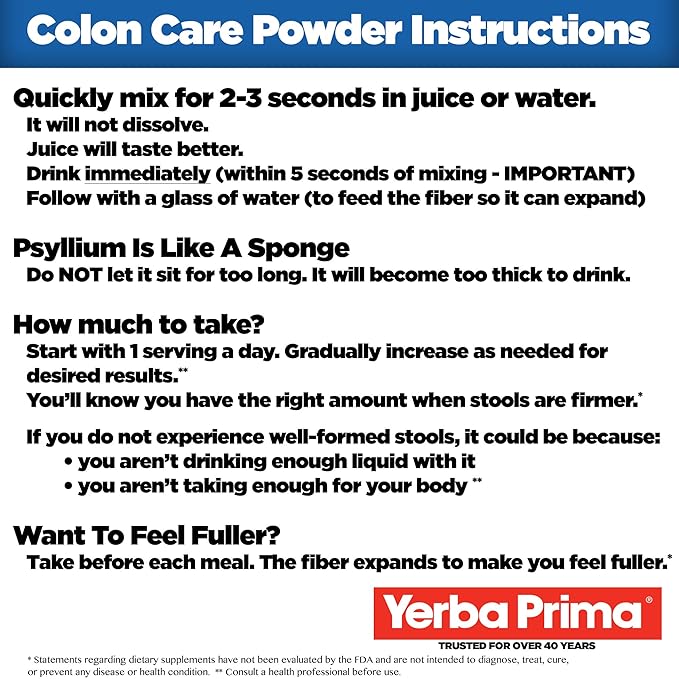 Yerba Prima Prebiotic Colon Care Formula Powder 12 oz - Natural Psyllium Fiber FOS Magnesium Selenium - Non-GMO Gluten Free Vegan Daily Supplement for Men &amp Women