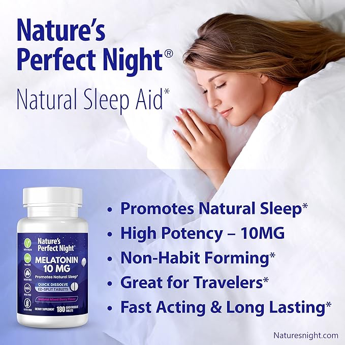 Nature's Perfect Night Melatonin 10mg Quick Dissolve Mixed Berry 180 Count with Serenity Magnesium Powder 15 oz Lemon Raspberry