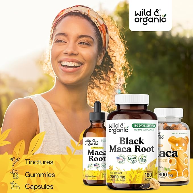 Wild &amp Organic Black Maca Root Capsules for Men &amp Women 500 mg - Overall Support for Men &amp Women - Vegan Maca Powder Supplement - 180 Days Supply - Non-GMO No Fillers Gluten-Free - 180 C