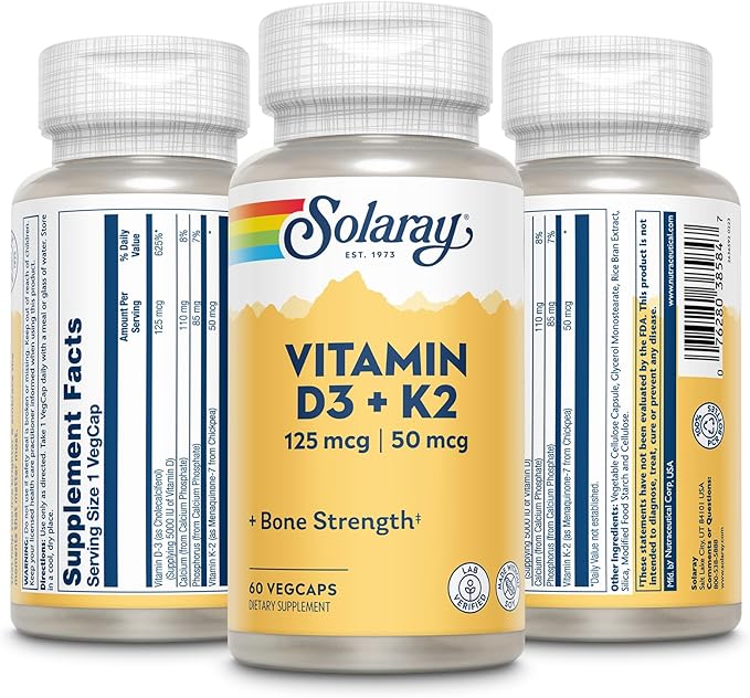 SOLARAY Vitamin D3 K2 and Magnesium Glycinate - Bone Health Bundle - Calcium Absorption Nerve Heart and Immune Support w/ 5000 IU Vitamin D 350mg Chelated Magnesium 60-Day Guarantee 60ct/120ct