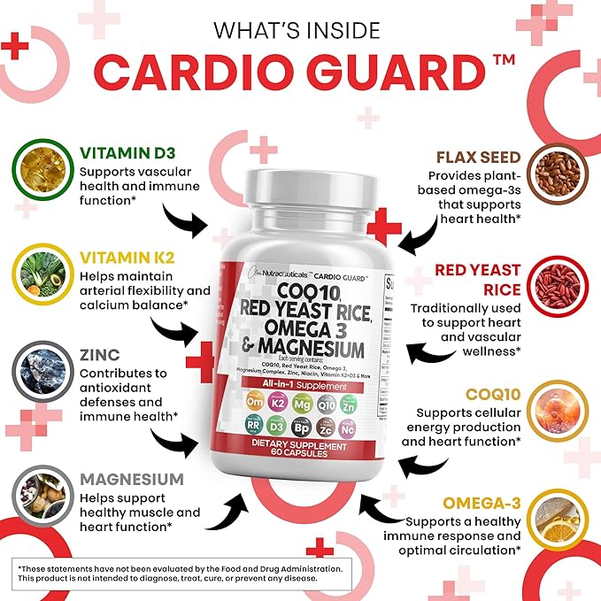 Clean Nutraceuticals COQ10 200mg Red Yeast Rice Omega 3 Magnesium Complex 500mg Niacin Zinc Vitamin K2 D3 - Heart Support Vitamins for Women &amp Men w/Vitamin B3 Coenzyme Q10-60 Ct