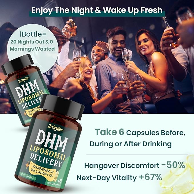 Zaigon Liposomal DHM Supplements 1000 mg dihydromyricetin with l-cysteine Milk Thistle Electrolytes Ginger NAC L-Theanine &amp Vitamin B for Recovery After Drinking &amp Liver Support 240 Cap