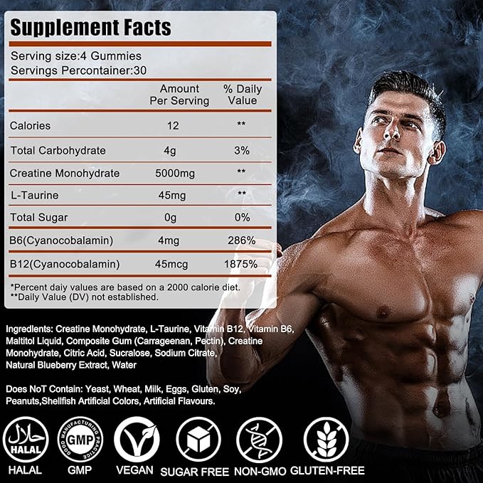 Creatine Monohydrate Gummies 5000mg 120 Count Sugar Free Pre Workout Supplement - Creatine with L-Taurine Vitamin B6 &amp B12 for Muscle Growth Strength &amp Energy - Chewable Gummy for Men &amp