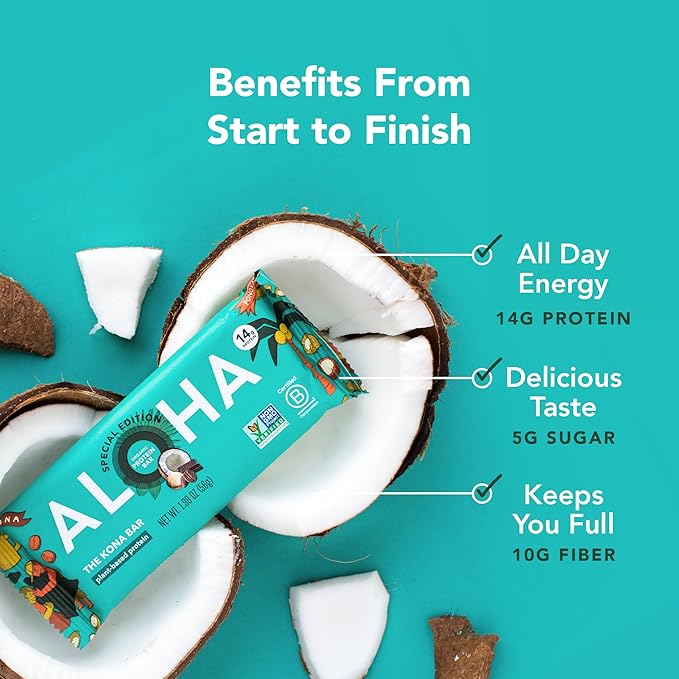 ALOHA Organic Plant Based Protein Bars | The Kona Bar - Special Edition | 6 Count 1.98oz Bars | Vegan Low Sugar Gluten Free Paleo Low Carb Non-GMO Stevia Free Soy Free No Erythritol