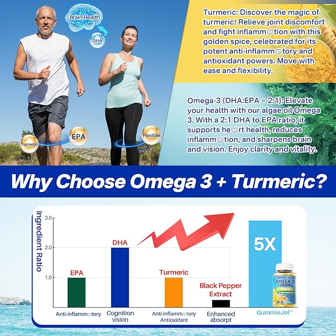 Vegan Omega-3 Gummies 1000mg + Turmeric - Omega 3 Fish Oil Alternative for Adults - Algae DHA 600mg &amp EPA 300mg Vitamins A C E Zinc &amp MSM Sugar Free 60 Cts
