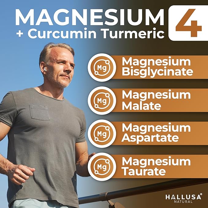 Magnesium 4 Complex + Curcumin Turmeric 60 Capsules Bisglycinate Malate Aspartate &amp Taurate Magnesium Complex Supplement for Energy Muscle Nerve Joint &amp Relaxation Support