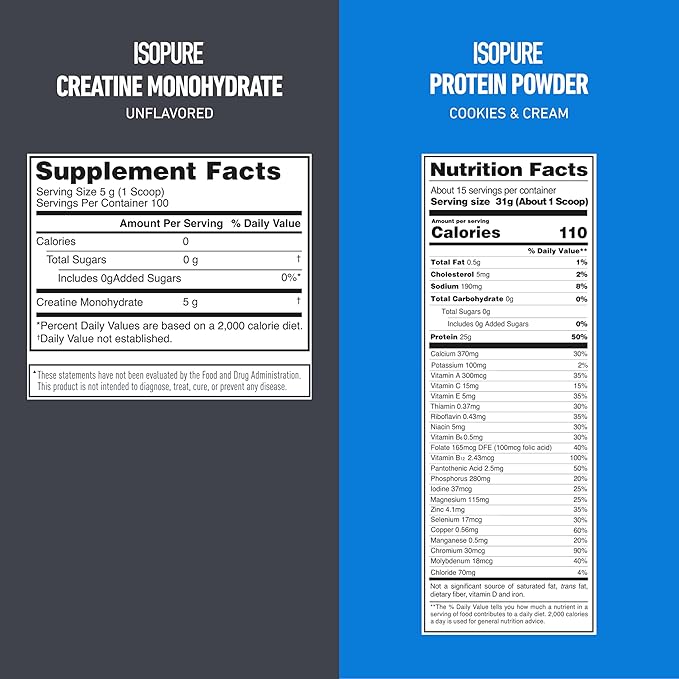 Isopure Bundle of Zero Carb 100% Pure Whey Isolate Protein Powder Creamy Vanilla 25g Protein Per Serving 1 Lb 14 Servings + Isopure 100% Pure Creatine Monohydrate Powder 100 Servings