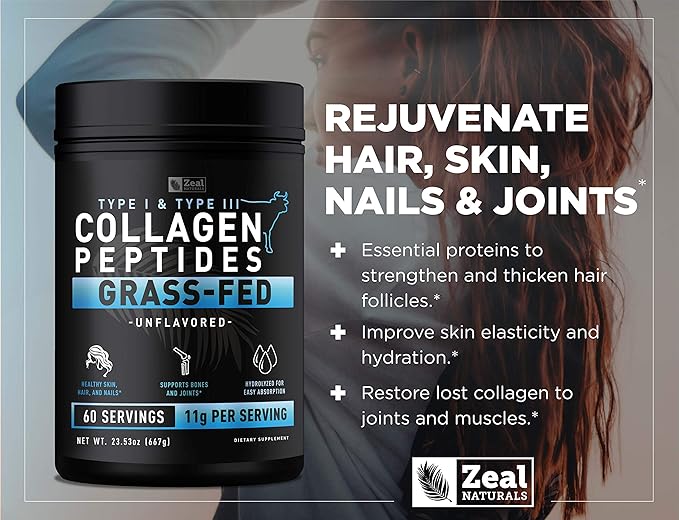 Zeal Naturals Hydrolyzed Collagen Peptides Powder 10g Protein | Grass-Fed Collagen for Women &amp Men | Essential Amino Acids | Hair Skin Nails Bone Health | 60 Servings Unflavored 23.53 oz.