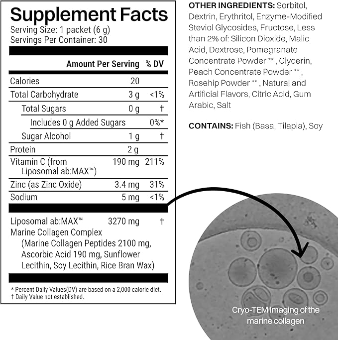 Liposomal Marine Collagen Powder Packets 2100mg Sugar-Free Flavored Powder 190mg Vitamin C for Skin Hair and Nails Supports Joint Health - 30 Packets Peach Pomegranate Flavor