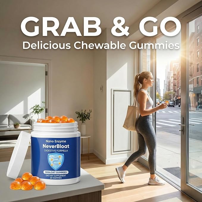 Nano Digestive Enzyme Gummies with Probiotics – NeverBloat Formula for Daily Digestive Support Helps Relieve Bloating &amp Gas Chewable Enzyme Complex - 60 Gummies