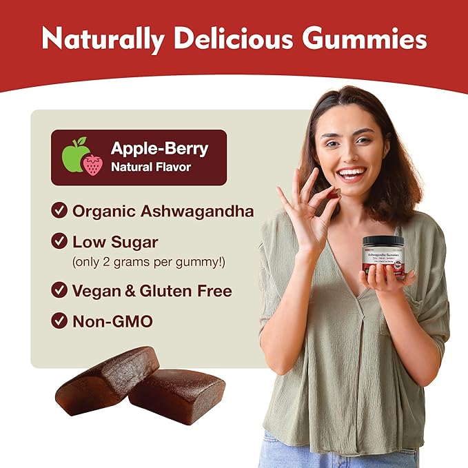 KSM-66 Ashwagandha Gummies - 600mg Organic Root Extract per Serving - Delicious Natural Apple-Berry Flavor | Supports Relaxation Focus &amp Energy (60 Gummies)