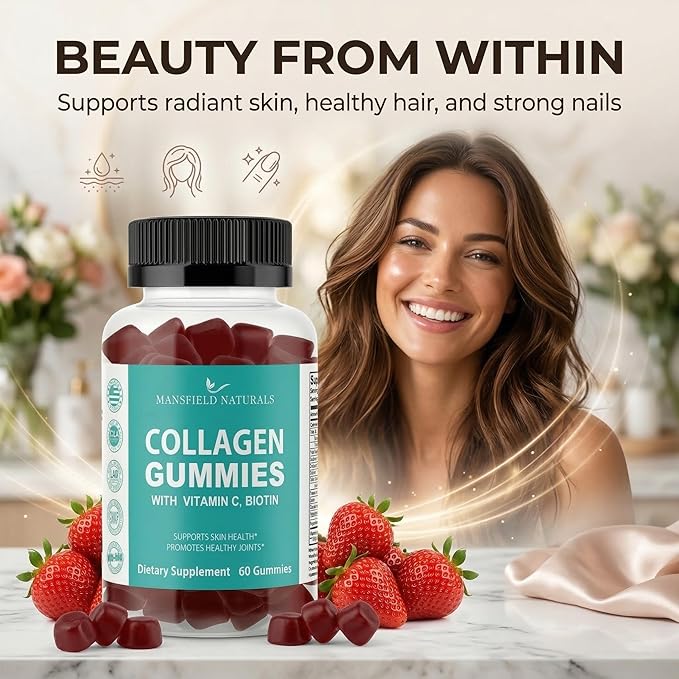 Collagen Gummies Skin Hair Nail &amp Joint Support Hydrolyzed Collagen Type I &amp III Biotin + Vitamin C 60 Gummies Non-GMO Gluten-Free Pack of 1