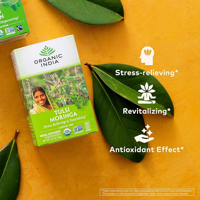 ORGANIC INDIA Tulsi Moringa Tea Bags- Holy Basil Lemongrass Moringa Leaves Calming Immune Support Tea USDA Organic Caffeine Free- 18 Bags 3 Pack