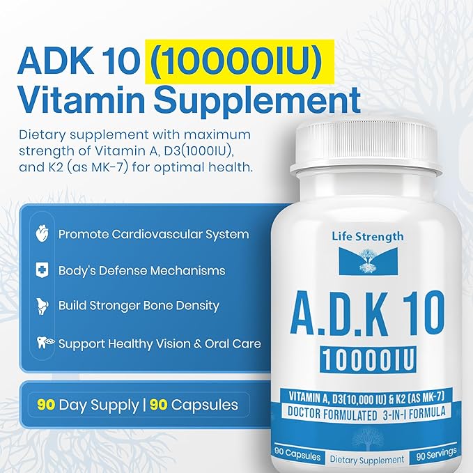 ADK 10 Supplement (180 Count) - Physician Formulated Vitamins A1 D3 &amp K2 (as MK7) for Bone Health - Immune System Support - Gluten Free Soy Free Non-GMO - 90 Capsules