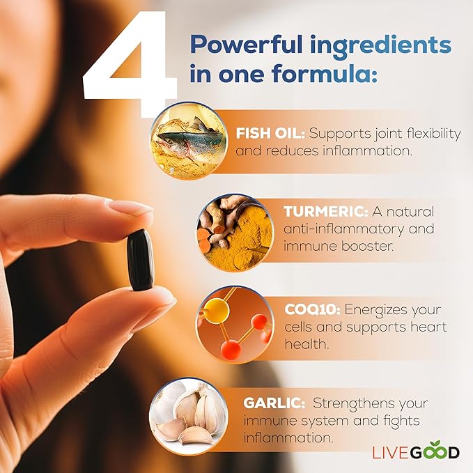 LIVEGOOD™ Factor 4 Omega 3 Fish Oil with EPA &amp DHA CoQ10 and Turmeric Advanced Q10 Coenzyme &amp CoQ10 Supplements DHA Supplements for Heart Joint &amp Immune Support Made in USA 60 Coun