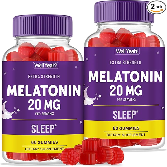 WellYeah Melatonin Gummies 20mg (2 Pack) | Sleep Support | Maximum Strength Melatonin 20mg Gummies for Adults | Fast Dissolved | Great Berry Flavor | 60 Count | Vegan Non GMO