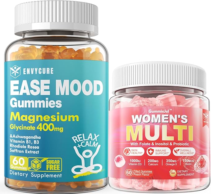 Sugar Free Magnesium Glycinate Gummies 400mg with Ashwagandha + Womens Multivitamin Gummies w Omega-3 Calcium Enzymes &amp Probiotic