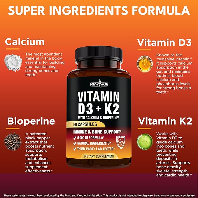 NEW AGE Vitamin D3 5000 IU + K2 MK-7 100 mcg - 2-in-1 Bone Immune &amp Heart Support Easy to Swallow Non-GMO - 180 Capsules