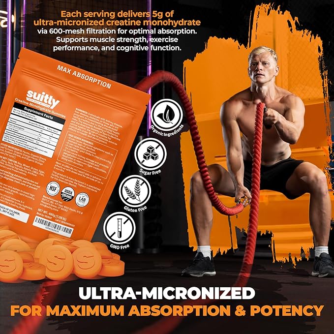 USDA Organic Ultra-Micronized Creatine Gummies for Men &amp Women Orange Max Absorption 5g Creatine Gummies Sugar Free for Muscle Gain Energy &amp Recovery Muscle Builder for Women with Pouch - 1