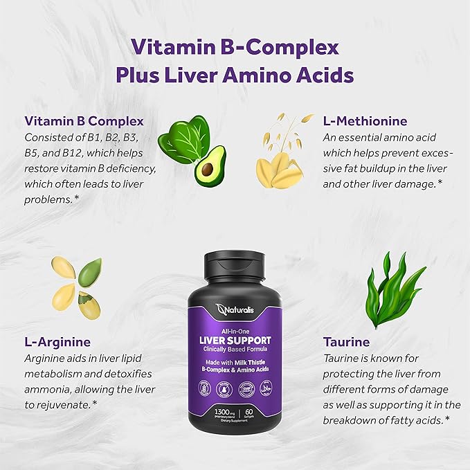 Naturalis Silymarin Milk Thistle 1300mg Enhanced with B Complex &amp Amino Acids | 13-in-1 Liver Cleanse Detox &amp Repair | 60 Liver Essential Softgels