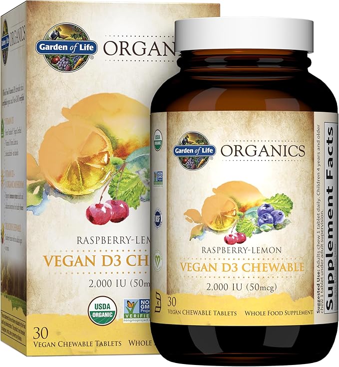 Garden of Life Organics Vegan Vitamin D3 Chewable Raspberry Lemon 2000 IU + Zinc Supplements 30mg Raw Zinc Vitamin C Immune Health