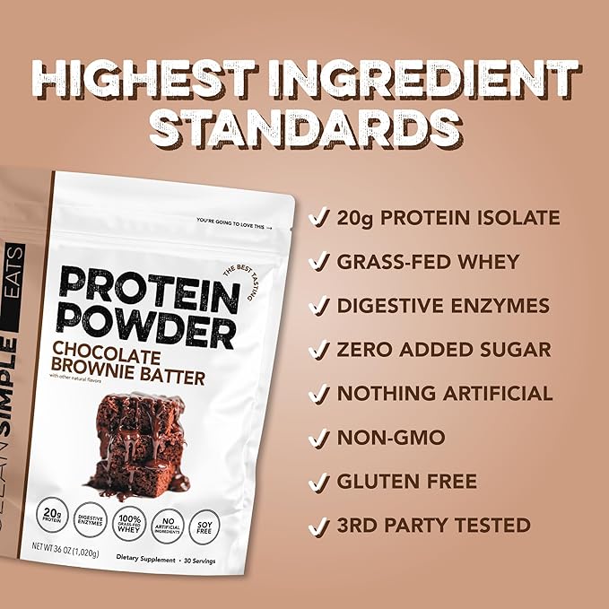 Clean Simple Eats Whey Protein Powder Chocolate Brownie Batter Flavor Naturally Sweetened 100% Grass Fed Protein Powder with Digestive Enzymes &amp No Artificial Ingredients Gluten Free 30 Servin