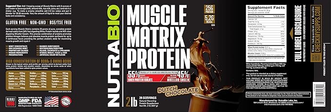 NutraBio Muscle Matrix Protein Powder - 25g of Protein Per Scoop - Whey Isolate and Micellar Casein Combo for Fast and Slow Release - Dutch Chocolate - 2 Pounds 28 Servings