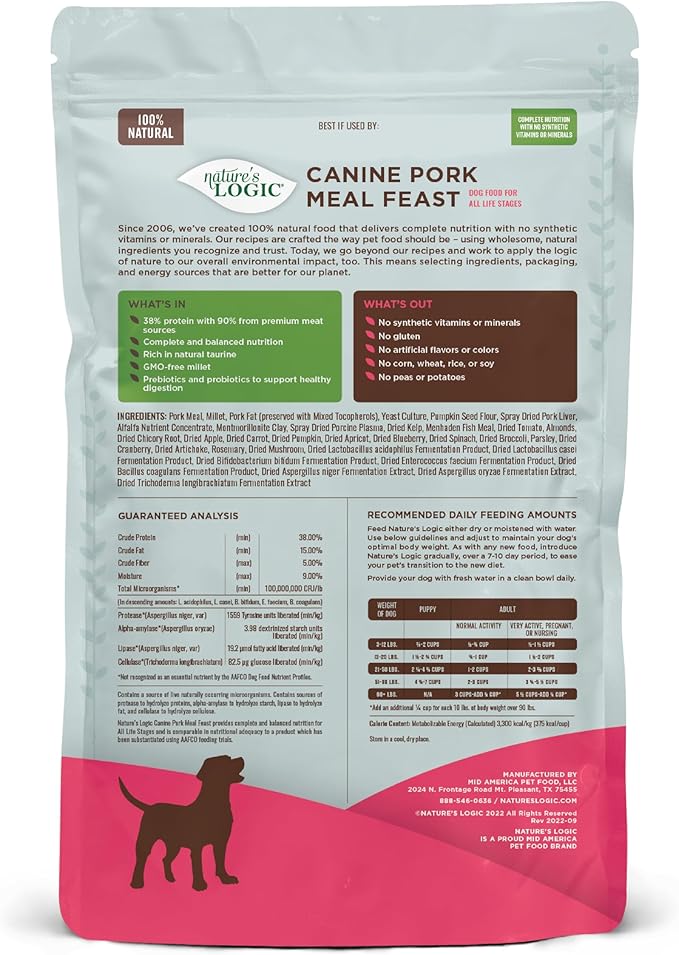 NATURE'S LOGIC Dry Dog Food - 100% Natural - No Synthetics - for All Ages Sizes Breeds - Free from Common Allergens High Protein - Pork Meal Feast 4.4lbs