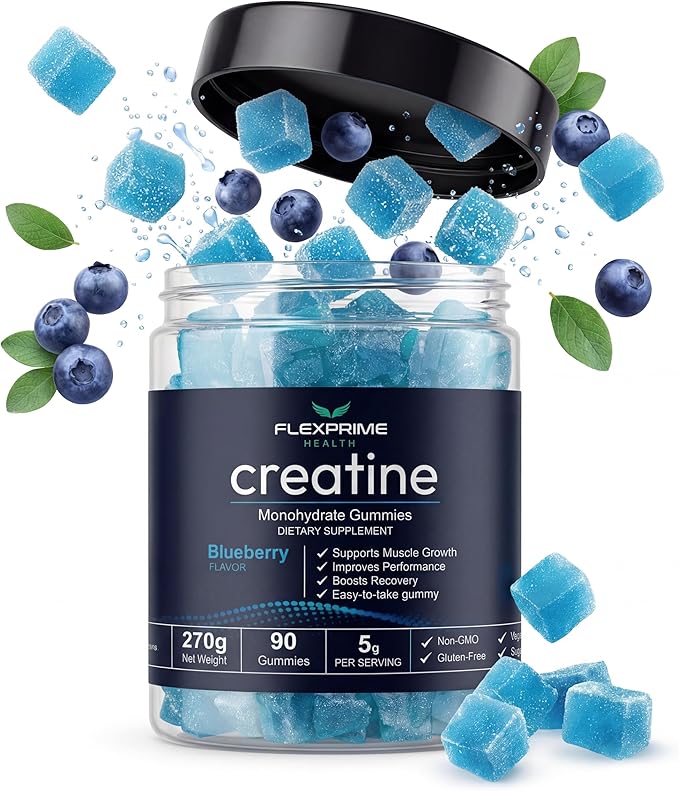 Creatine Monohydrate Gummies Sugar Free - 5g Creatine + Alpha GPC L-Taurine Betaine | Vegan Halal Blueberry Chews for Muscle Growth Brain Health | Men &amp Women 90 Count