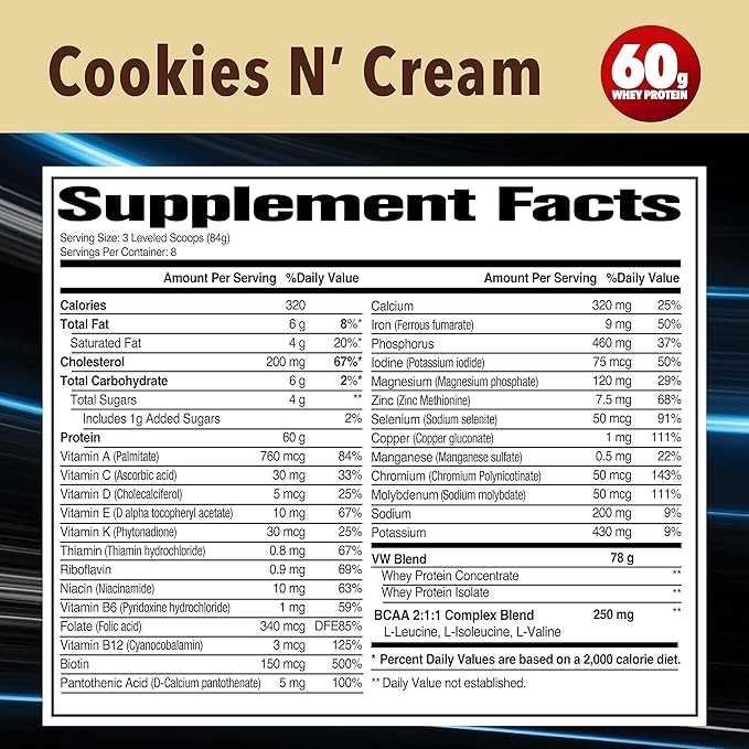 Protein Cookies N Cream 60g Whey Protein BCAA Complex 26 Vitamins &amp Minerals Gluten Free 1.5 LB