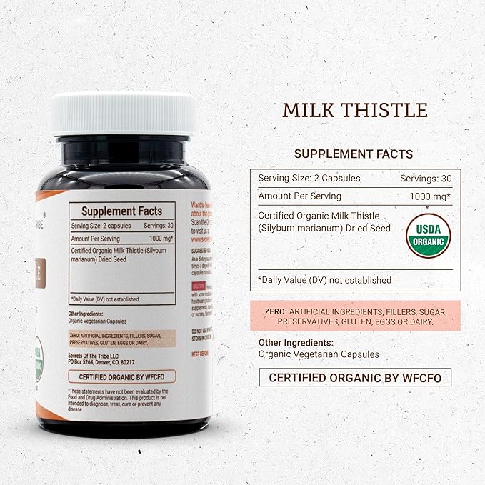 Secrets of the Tribe Milk Thistle USDA Organic Capsules | Certified Organic Vegetarian Capsules Herbal Dietary Supplement | Silybum marianum Dried Seed (60 Count)