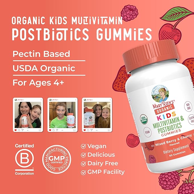Kids Vitamins by MaryRuth's | USDA Organic | Multivitamin Gummies + Postbiotics for Ages 4+ | Multivitamin for Kids with Lactobacillus Rhamnosus | Children’s Vitamins | Vegan | Non-GMO | 60 Count