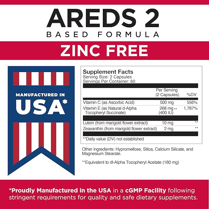 Viteyes AREDS 2 Zinc Free Macular Support Natural Allergen Free Capsules with Vitamin E Vitamin C Lutein &amp Zeaxanthin No Zinc No Copper Eye Doctor Trusted Manufactured in The USA 120 Ct