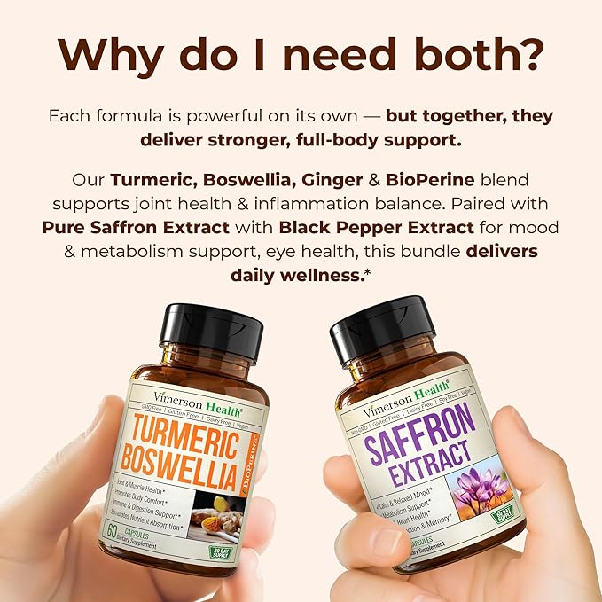 Boswellia Turmeric Curcumin Supplement + Pure Saffron Supplements for Women &amp Men Bundle – Supports Joint Health Mood &amp Calm Eye Health – with Ginger Root Organic Turmeric Powder Saffron E