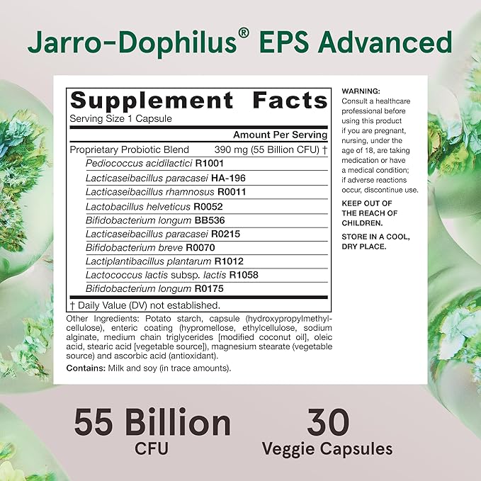 Jarrow Formulas Jarro-Dophilus EPS Advanced 55 Billion CFU Probiotics Digestive Support for Adults 30 Probiotic Supplement Veggie Capsules Up to 30 Day Supply