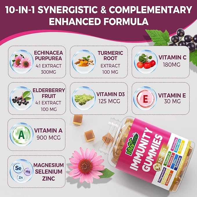 10 in 1 Immune Support Supplement Gummies w/Echinacea Elderberry Vitamin C and Zinc Selenium Vitamin D3 5000IU Magnesium Daily Immune Booster Multivitamin for Antioxidant Bone Energy 1 Pack