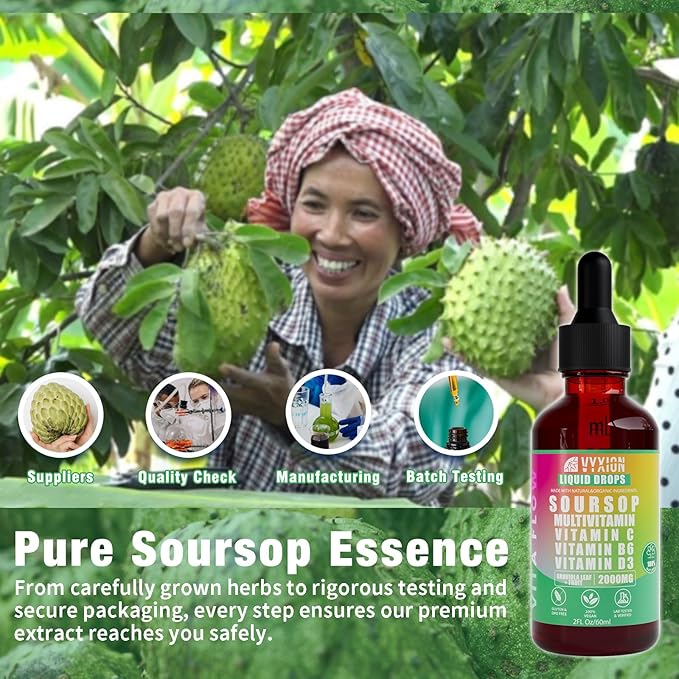 Vyxion Soursop Bitters Liquid Soursop Multivitamin Drops - 2000mg 10:1 Extract from Fruit &amp Leaf Vitamin B6 C D3 Graviola Liquid Drops | Vegan Non-GMO | 2 Fl Oz