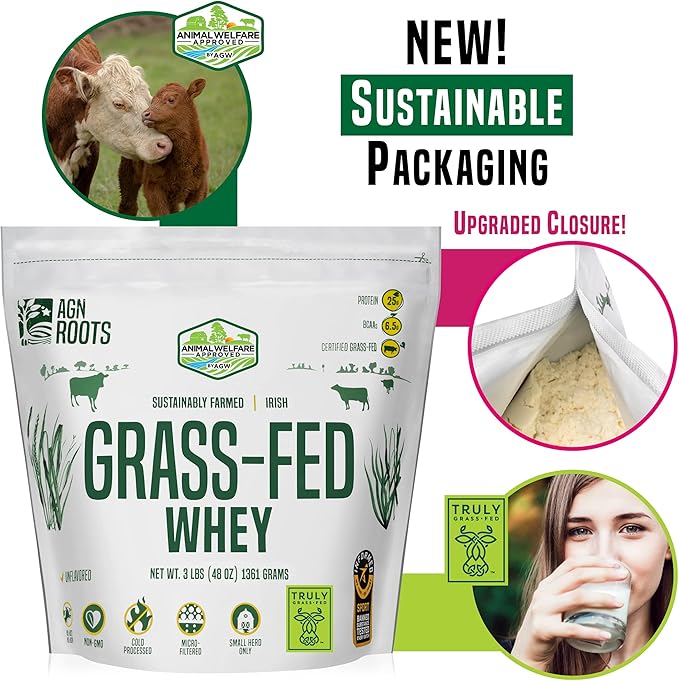 AGN Roots Grass Fed Whey Protein Powder Isolate - Unflavored - Unsweetened - Certified Entire Life On Pasture - A Greener World - ASPCA Registered Brand List - Informed-Sport - 3lbs