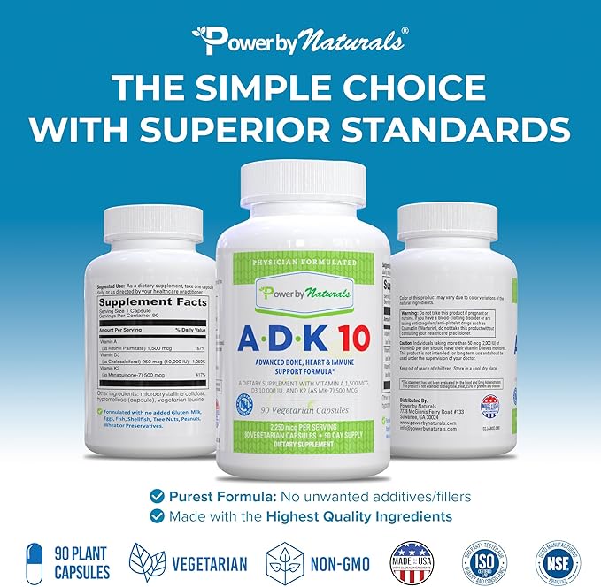 Power By Naturals ADK Vitamin Supplement – ADK 10 High Potency with Vitamins A D3 10000 IU &amp K2 MK7 for Bone Health – Vitamin A D K Supplement – 90 Capsules 2 Pack (6-Month Supply)