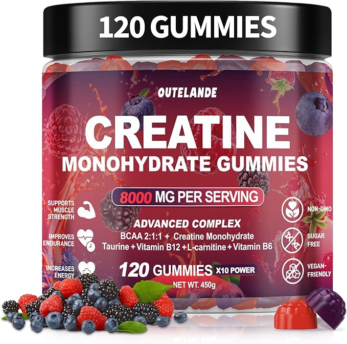 Creatine Monohydrate Gummies 8000 mg for Men &amp Women Creatine Supplement for Enhanced Muscle Growth Energy Boost - with L-Taurine Sugar Free Vegan Raspberry BlackBerry Blueberry Flavor-120 Co