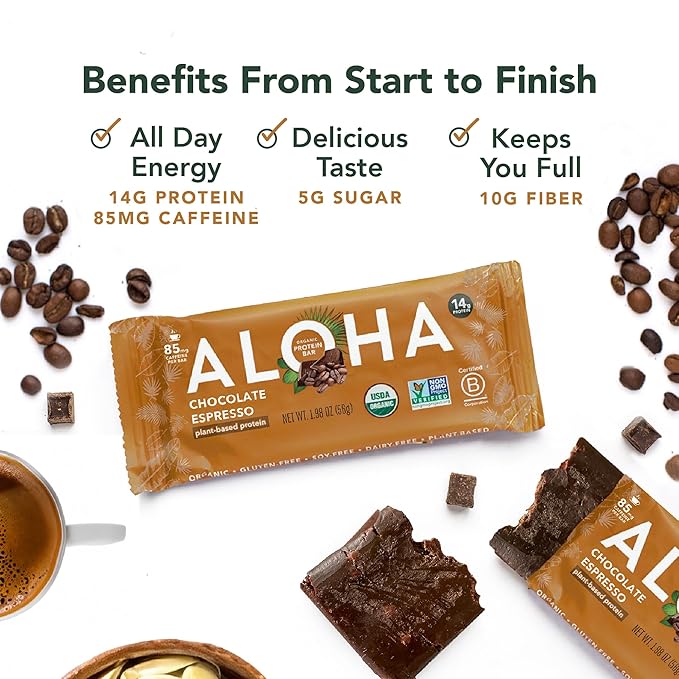 ALOHA Organic Plant Based Protein Bars - Chocolate Espresso (85mg Caffeine) - 12 Bars Vegan Low Sugar Gluten-Free Paleo Low Carb Non-GMO No Stevia No Erythritol