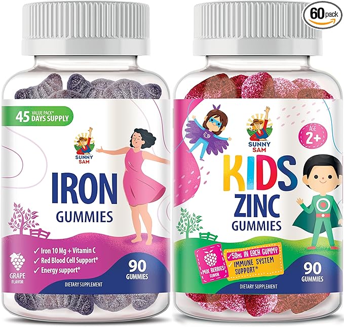SUNNY SAM Zinc Gummies for Kids &amp Iron Gummies for Adults Iron Vitamins with Vitamin C