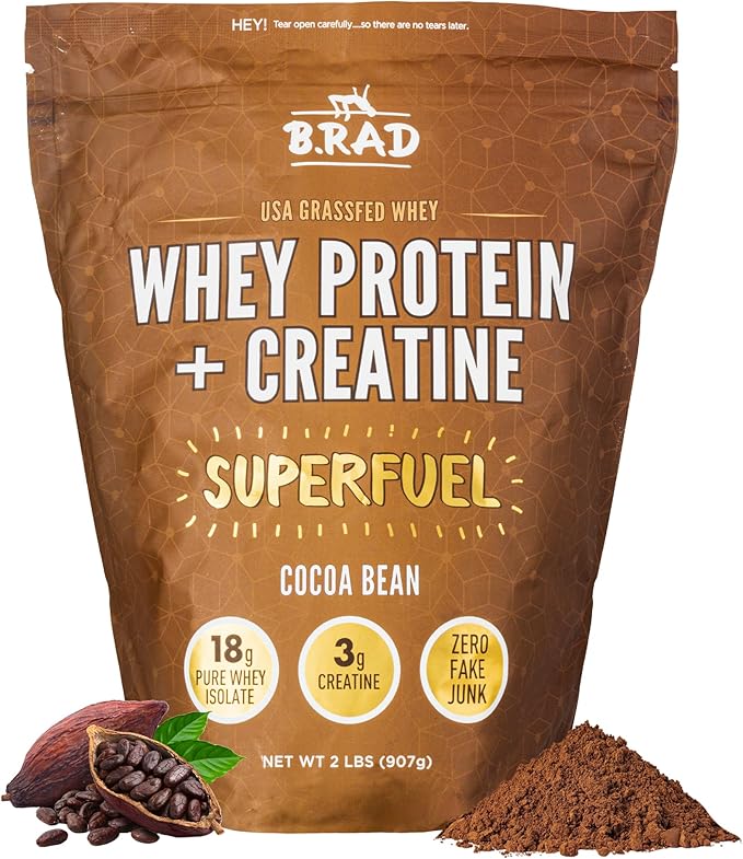 B.rad Superfuel - Grass Fed Whey Protein Isolate Boosted with Creatine | Farm-Fresh Easy-to-Digest Clean Ingredients | 2 Pounds | 100% USA Sourced | Cocoa Bean (Chocolate)