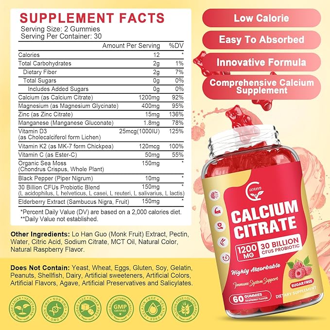 (3 Pack) Sugar Free Calcium Citrate Gummies 1200 mg with Vitamin d3 K2 Magnesium Zinc for Bone Muscle &amp Immune Support High Absorption Calcium Supplement for Women Raspberry Flavor 60 Chews