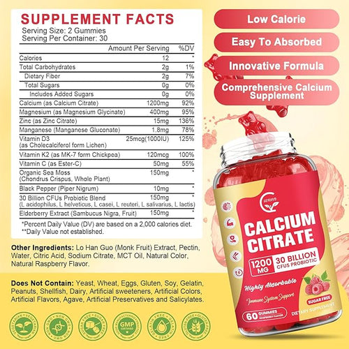 (3 Pack) Sugar Free Calcium Citrate Gummies 1200 mg with Vitamin d3 K2 Magnesium Zinc for Bone Muscle &amp Immune Support High Absorption Calcium Supplement for Women Raspberry Flavor 60 Chews