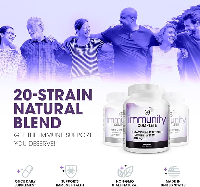 Immunity Complete - 20-in-1 Immune System Booster Formula with Cat's Claw Quercetin Vitamin C and Olive Leaf Extract 60ct
