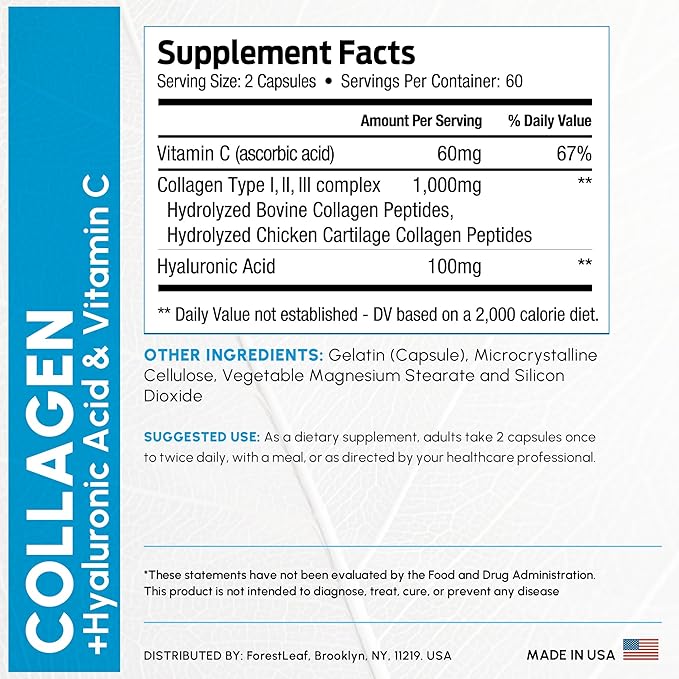 ForestLeaf Multi Collagen Pills with Hyaluronic Acid + Vitamin C | Hydrolyzed Collagen Supplements for Women or Men | Multi Collagen Capsules Peptides for Skin Wrinkles 240